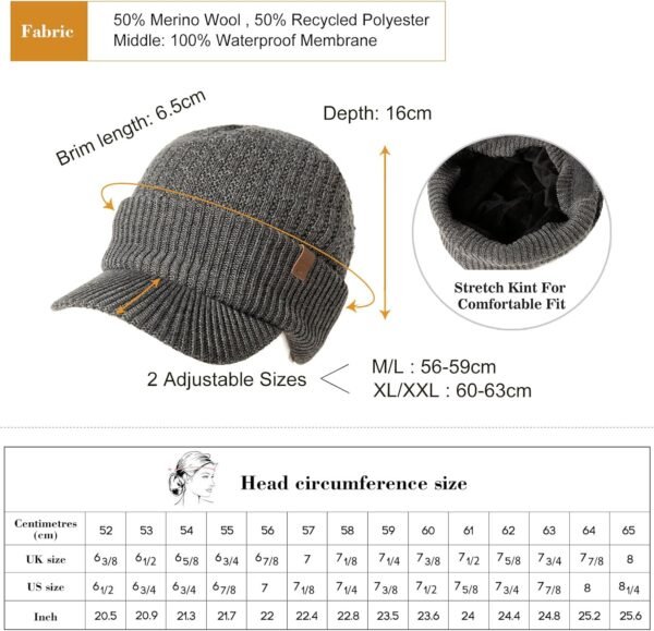 TOP-EX L/XL/XXL 50% Merino Wool Waterproof All Weather Brim Beanie Fleece Lined Unisex - Image 4
