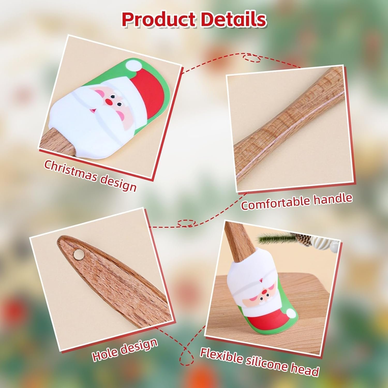 4 PCS Christmas Spatulas Silicone Spatula Set for Baking, Xmas Cake Spatula with Wooden Handle, Cute Scraper for Mixing Cooking - Image 7