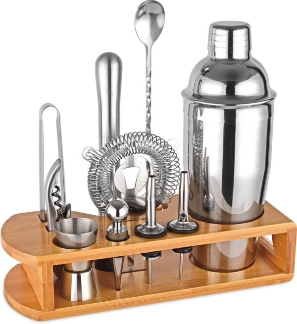 Cocktail Shaker Set Bartender Kit : 12-Piece Bar Tool Set with Bamboo Stand | Bar Set with All Practical Bar Accessories, for Drink Mixing, Bar, Home, Lounge & Party (Silver) - Image 2