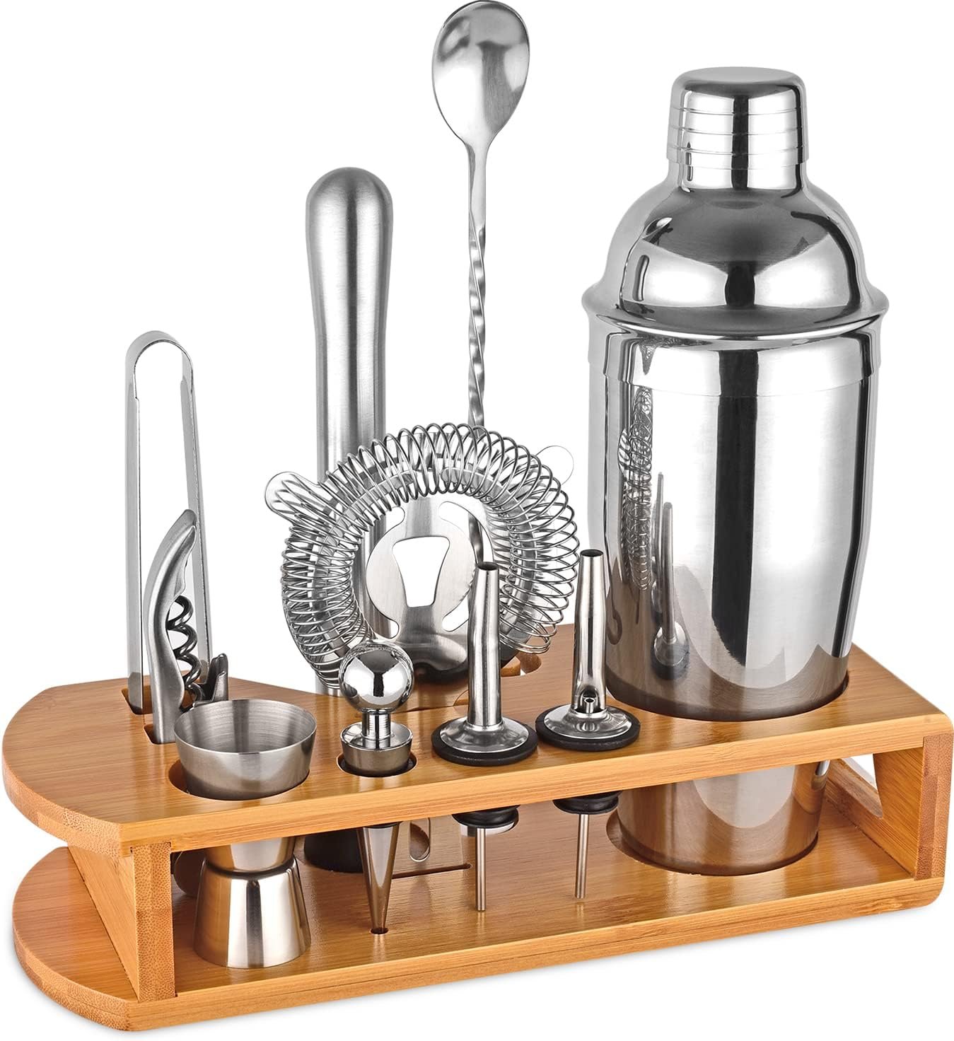Cocktail Shaker Set Bartender Kit : 12-Piece Bar Tool Set with Bamboo Stand | Bar Set with All Practical Bar Accessories, for Drink Mixing, Bar, Home, Lounge & Party (Silver) - Image 2