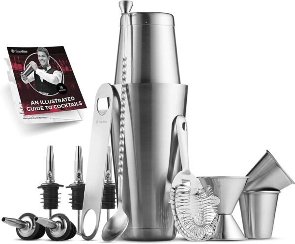 Expert Cocktail Shaker Home Bar Set - 14 Piece Stainless Steel Bar Tools Kit with Shaking Tins, Flat Bottle Opener, Double Bar Jigger, Hawthorne Strainer, Shot Glasses, Bar Spoon, and 6 Pour Spouts. - Image 2