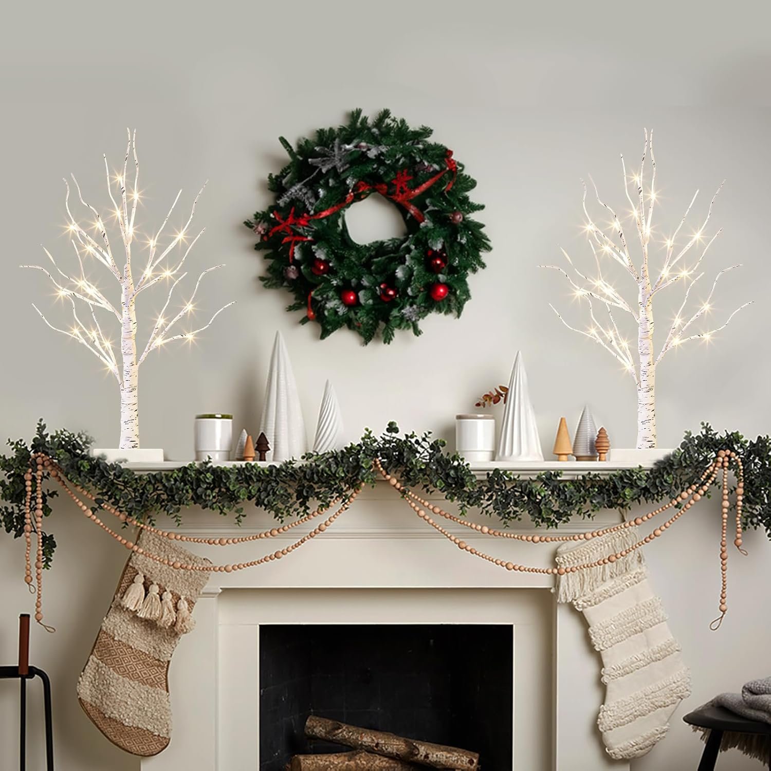 Vanthylit White Birch Tree with LED Lights - Set of 2, LED Tabletop Tree with Timer, Christmas Decorations Lighted Tree for Indoor Mantel Home Decor (2 FT, 24 LED) - Image 7