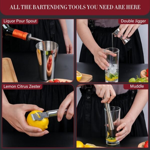 Bar Set Cocktail Shaker Set, Mixology Bartender Kit with Durable Stainless Steel, Cocktail Shaker Set and Bar Accessories with Wooden Box, Bar Kits for Bartender Home - Image 6