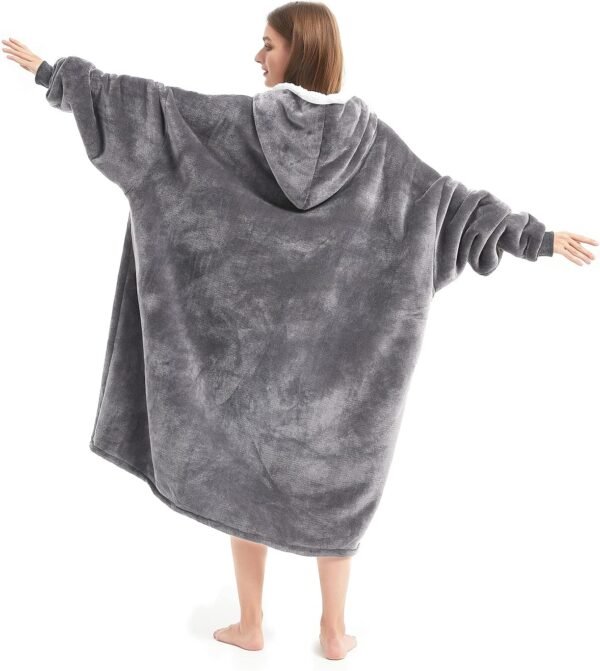Wearable Blanket Hoodie with Giant Pocket （Pet Won't Leave） Extra Soft Sherpa Fleece Thick Warm ＆ Cozy Oversized Sweatshirt Blanket Jacket with Sleeves Gifts for Adult Men Women - Grey - Image 5