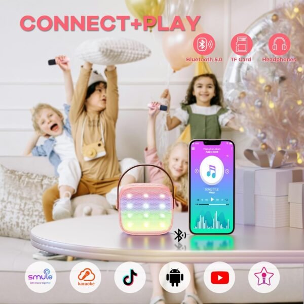 YLL Mini Karaoke Machine for Kids Adults, Portable Bluetooth Speaker with 2 Wireless Microphones, Christmas Birthday Gifts Toys for Girls Ages 4, 5, 6,7, 8,9,10,11,12+ Years Old Toddler (Lightpink) - Image 6
