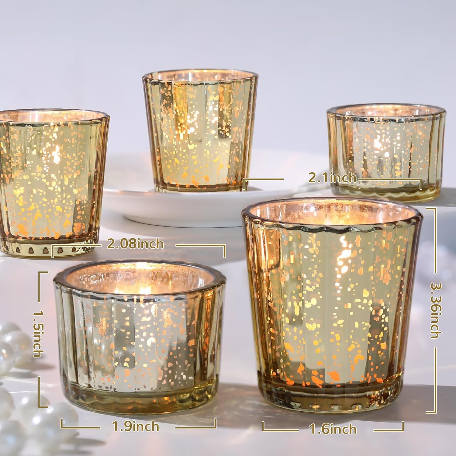 8pcs Assorted Ribbed Gold Votive Candle Holders for Wedding Centerpiece, Mercury Tea Light Candle Holders, Gold Glass Candle Holder for Table Centerpiece, Wedding, Home and Party Decorations - Image 3