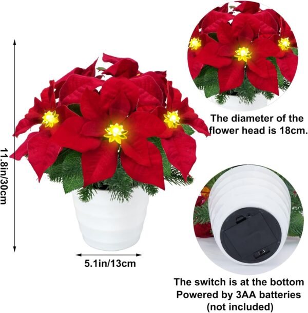 Christmas Artificial Flowers LED Lighted Poinsettias Pine Neddle Potted Christmas Decorations Indoor Home Xmas Table Centerpieces Winter Holiday 12Inch - Image 4