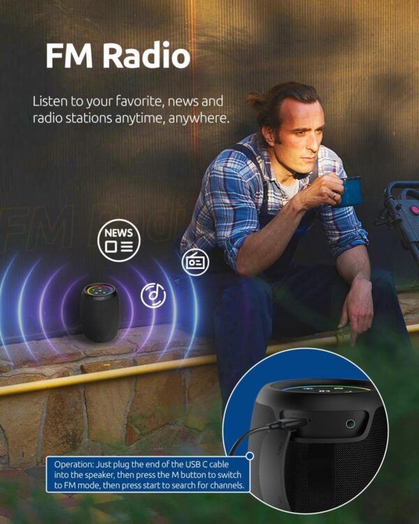Bluetooth Speaker, Portable Wireless, Powerful Sound, with FM Radio/AUX Input, IPX5 Waterproof, TWS Pairing, for Outdoor Home Party, Birthday Gift - Image 7