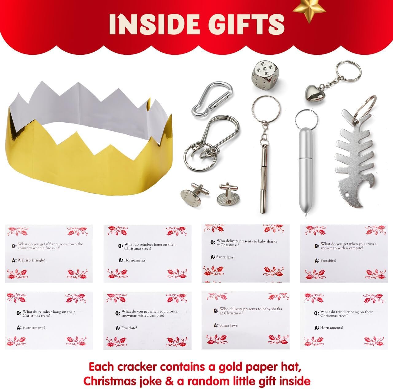 JOYIN 8 Pack Christmas No Snap No Popping Party Table Favor with Gold & Silver Snowflake Design, with Party Hat, Joke & Little Gift Inside, for Xmas Gift, Christmas Seasonal Holiday Dinner - Image 3