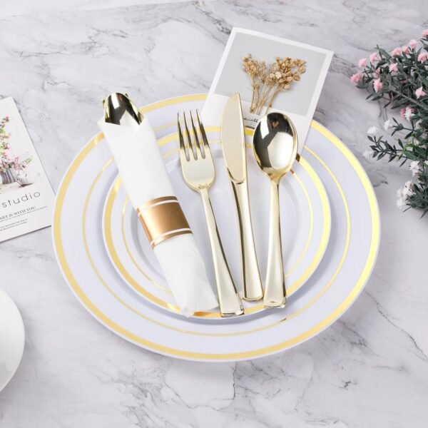 350PCS Gold Plastic Dinnerware Set, Disposable Party Plates for 50 Guests, Include: 100 Plastic Plates, 50 Pre Rolled Napkins with Gold Silverware, 50 Cups - Image 3