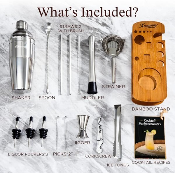 KITESSENSU Cocktail Shaker Set Bartender Kit with Stand | Bar Set Drink Mixer Set with All Essential Accessory Tools: Martini Shaker, Jigger, Strainer, Mixer Spoon, Muddler, Liquor Pourers |Silver - Image 4