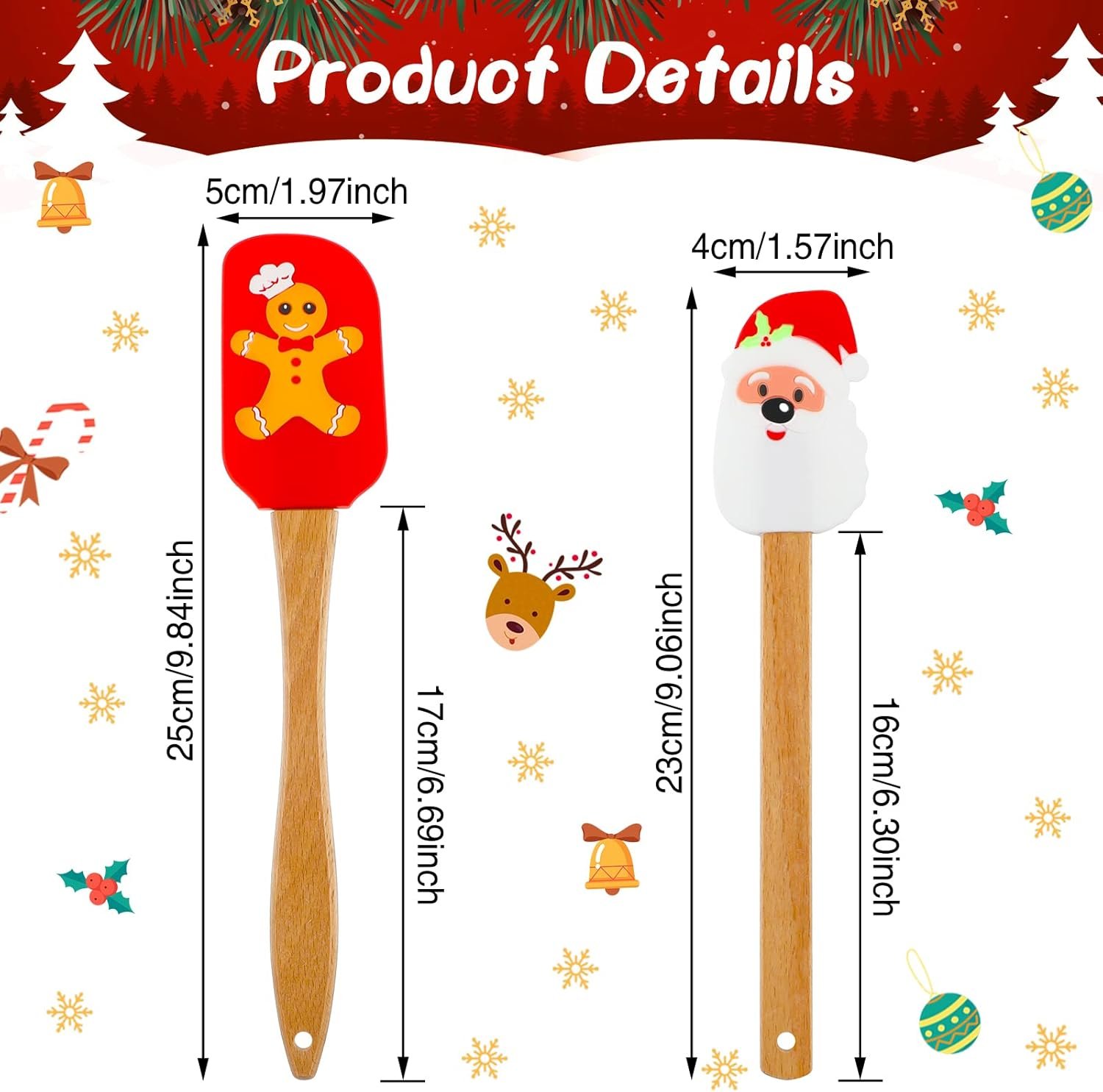 Patelai Christmas Silicone Spatula Xmas Cake Spatula with Wooden Handle Snowmen Pancake Spatula Cute Pan Scraper Xmas Dish Scraper Cooking Spatulas for Kitchen Mixing Cooking (Vivid Style,6 Pieces) - Image 3