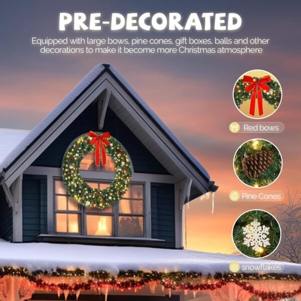 VINGLI 48 Inch Pre-lit Artificial Christmas Wreath, Ourdoor Christmas Wreath Decorations with 150 LED Lights and 450 PVC Branch Tips for Garage, Xmas Door Wreath w/Bow, Pine Cones, Ornaments, Plug-in - Image 7
