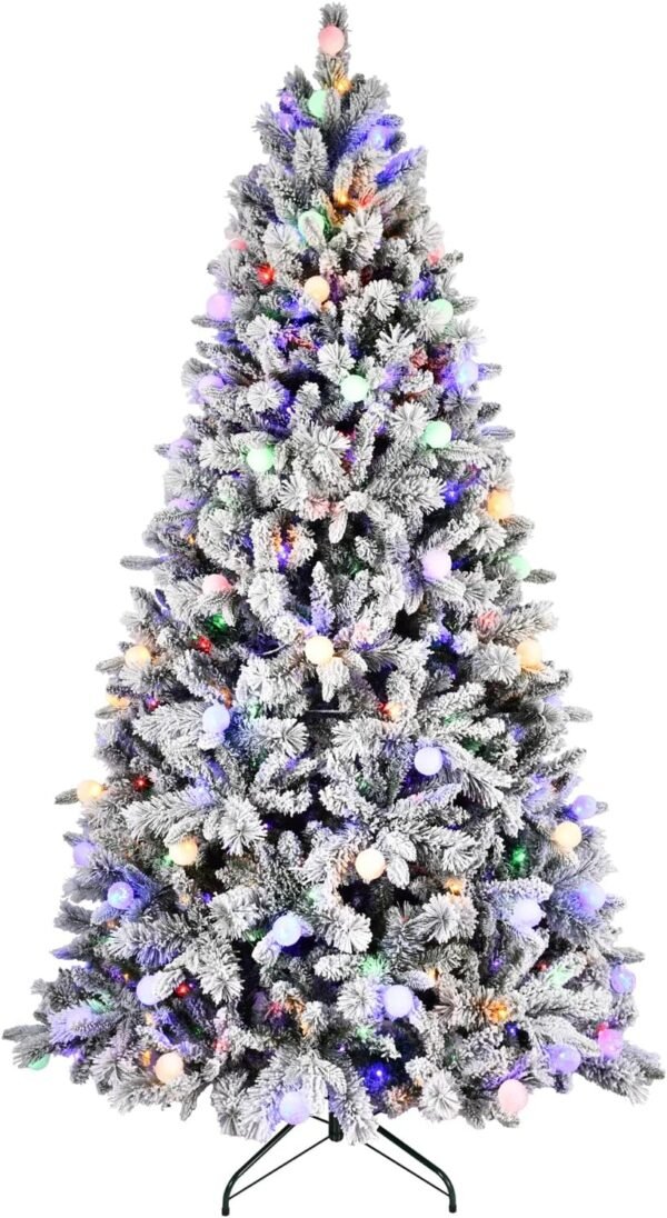 8FT Prelit Flocked Christmas Tree with 470 Two Color LED Lights and 45 Colorful Bauble Lights, 10 Flashing Modes, Pre Lit Artificial Christmas Tree with Snow and Memory Wire Technology for Holiday - Image 2