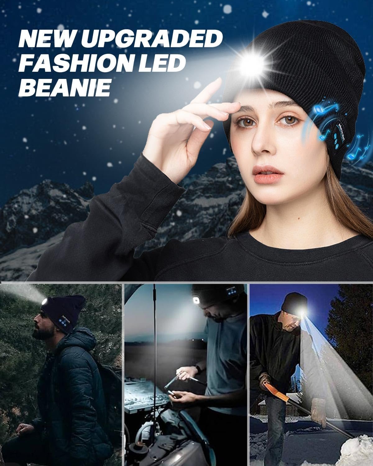 Unisex Bluetooth Beanie with Light, USB Rechargeable LED Headlamp Winter Hat, Christmas Stocking Stuffers Gifts Warm Knitted Cap for Men Women Dad Mom Black - Image 7
