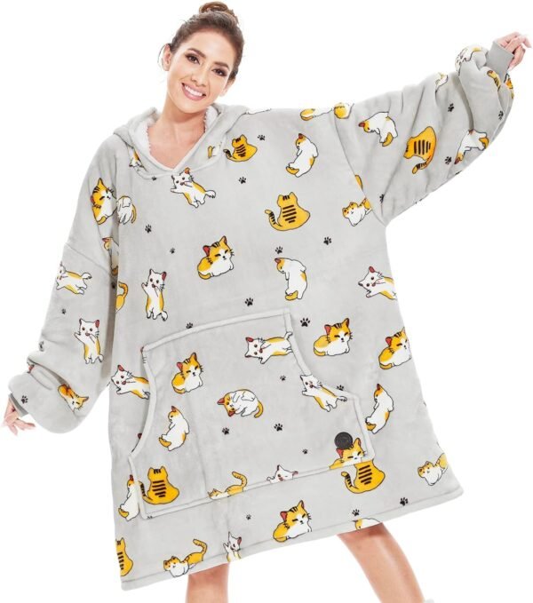 THREE POODLE Wearable Blanket Hoodie for Women, Oversized Sherpa Sweatshirt Blanket for Adults Men, Warm Cozy Cat Hooded Blanket, Gifts for Mom Girlfriend Sister - Image 2