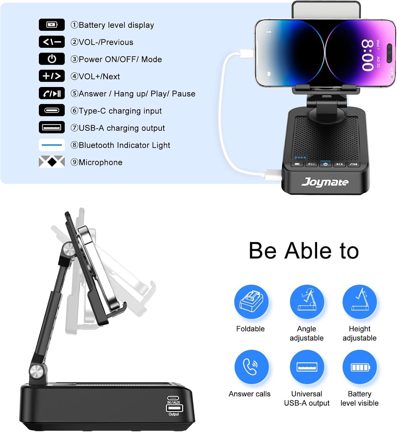 Gifts for Men Women, Joymate Bluetooth Speaker Phone Stand with Charging Function 360° Rotable Adjustable Cell Phone Holder HD Surround Sound for Desk Fits All Phones,Tablet (Black) - Image 5