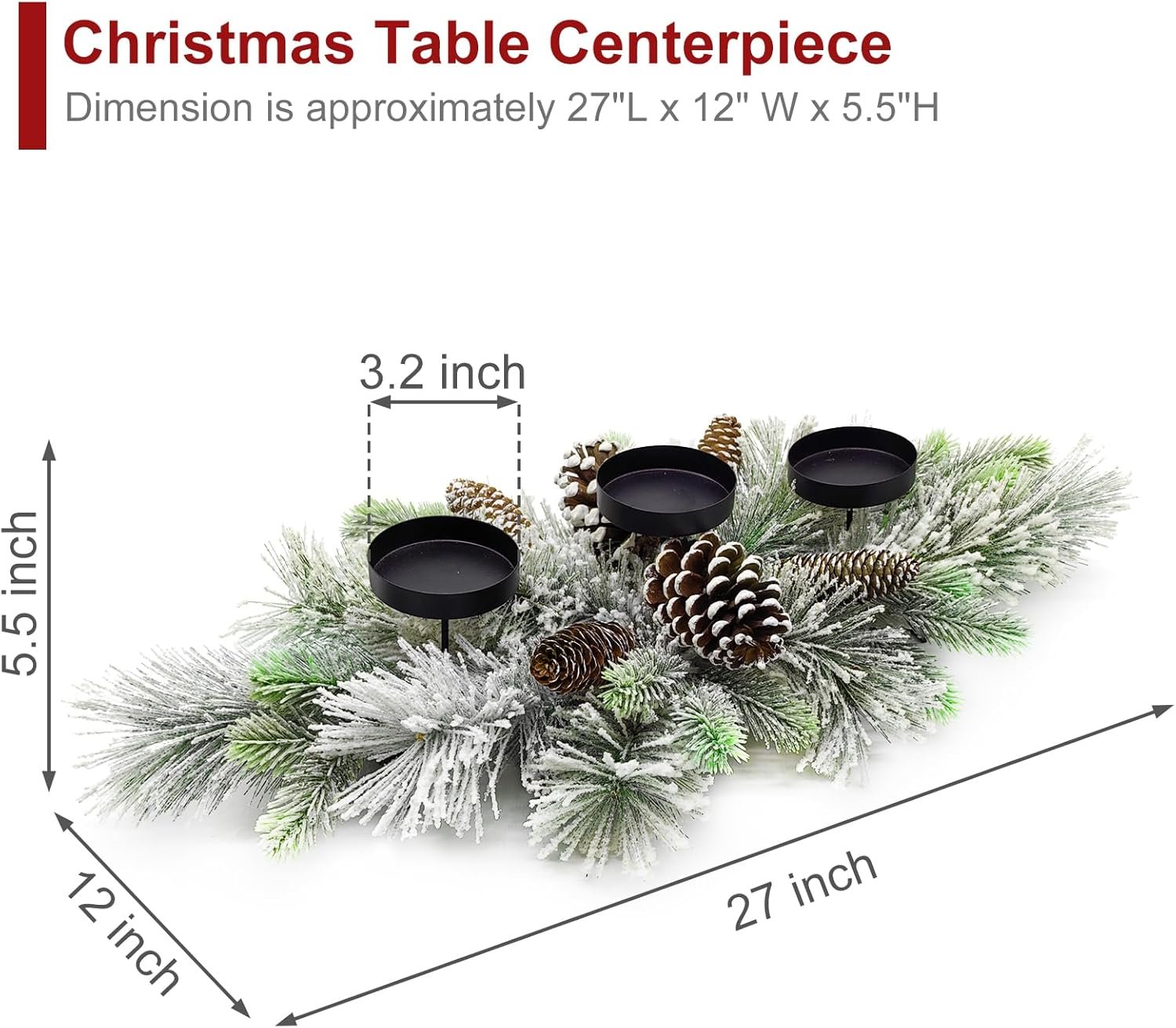 BAYN Christmas Centerpiece Table Decorations, Handcrafted Snowy Pine Cones and Pine Needles with 3 Candle Holders for Dining Table Fireplace Mantel - 27.5 in - Image 5