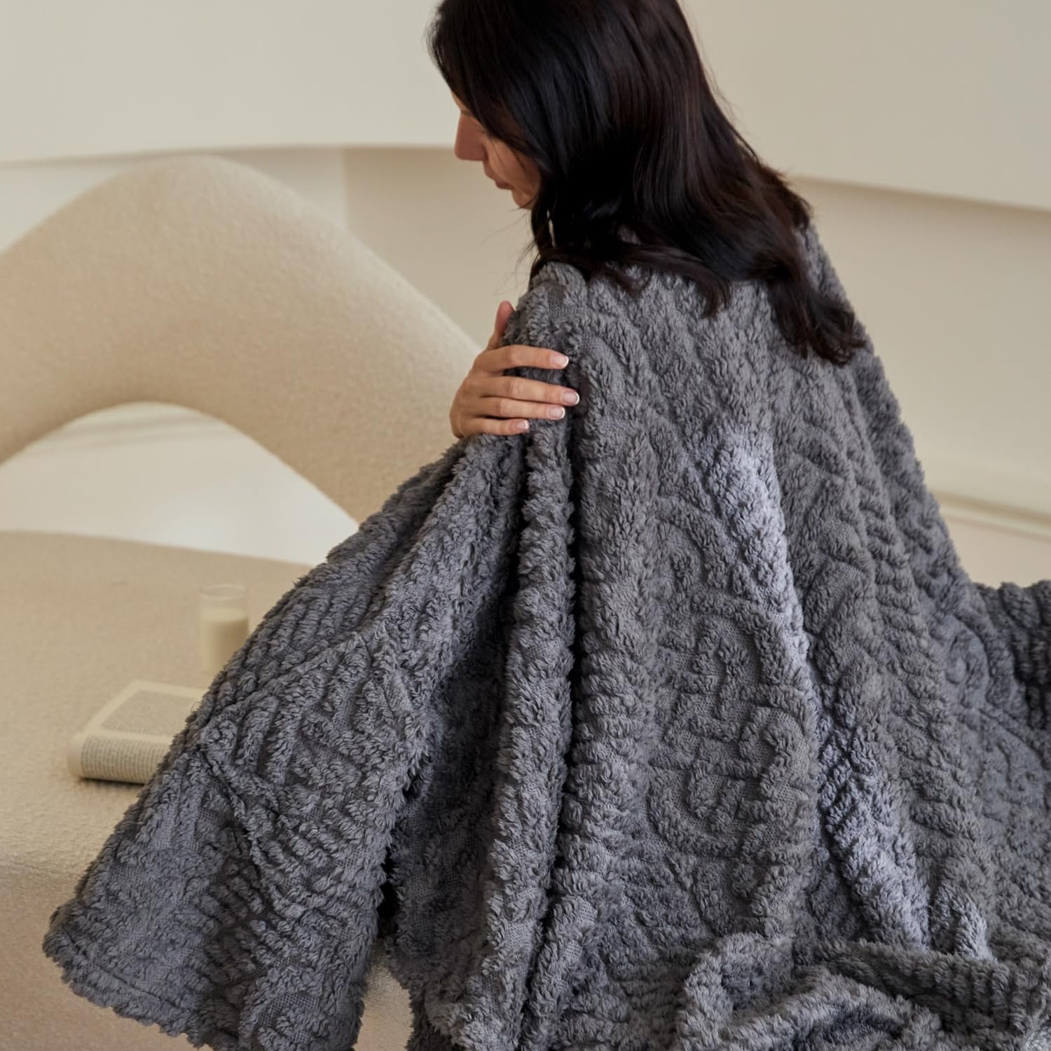 Royoliving Fuzzy Sherpa Wearable Fleece Blanket with Pockets for Adults, Ultra Soft Plush Shawl TV Throw Blankets (Grey, 58'' x 64'') - Image 3