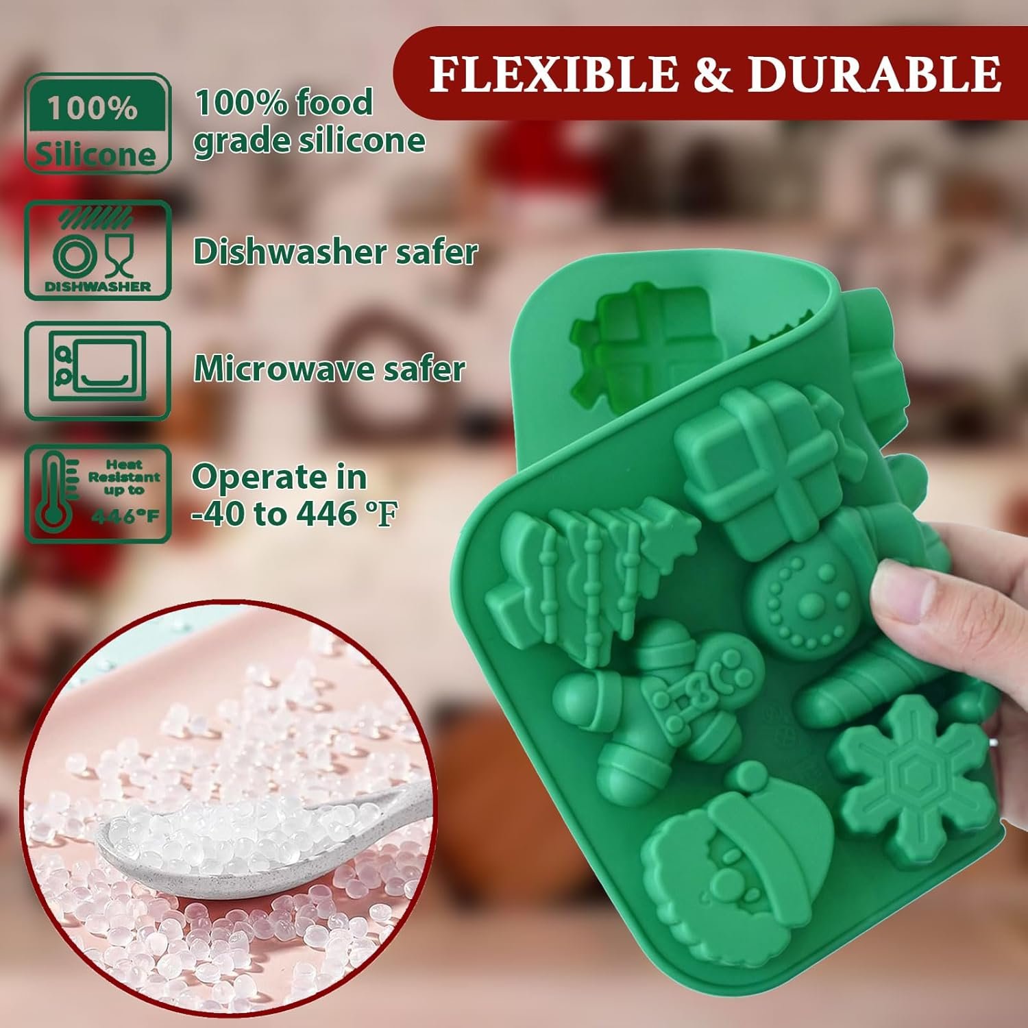 HKNMTT Christmas Silicone Chocolate Molds, 2 PCS Candy Baking Moulds, 3D Snowflake Cane Snowman Xmas Tree Gingerbread Man Santa Claus Gift Box Shape Mold for DIY Handmade Soap Candles Jello - Image 3