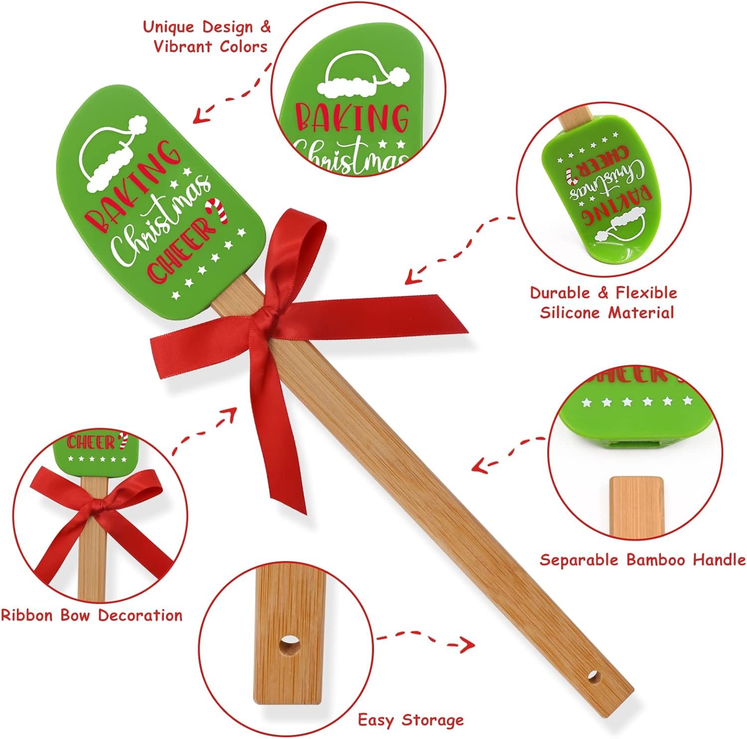 3PCS Christmas Silicone Spatula Set Decor Baking Gifts for Mom Flipping cake Food Grade Heat Resistant Kitchen Utensil Cooking Mixing Festival Wooden Handle and Ribbon Bows with greeting card present - Image 5