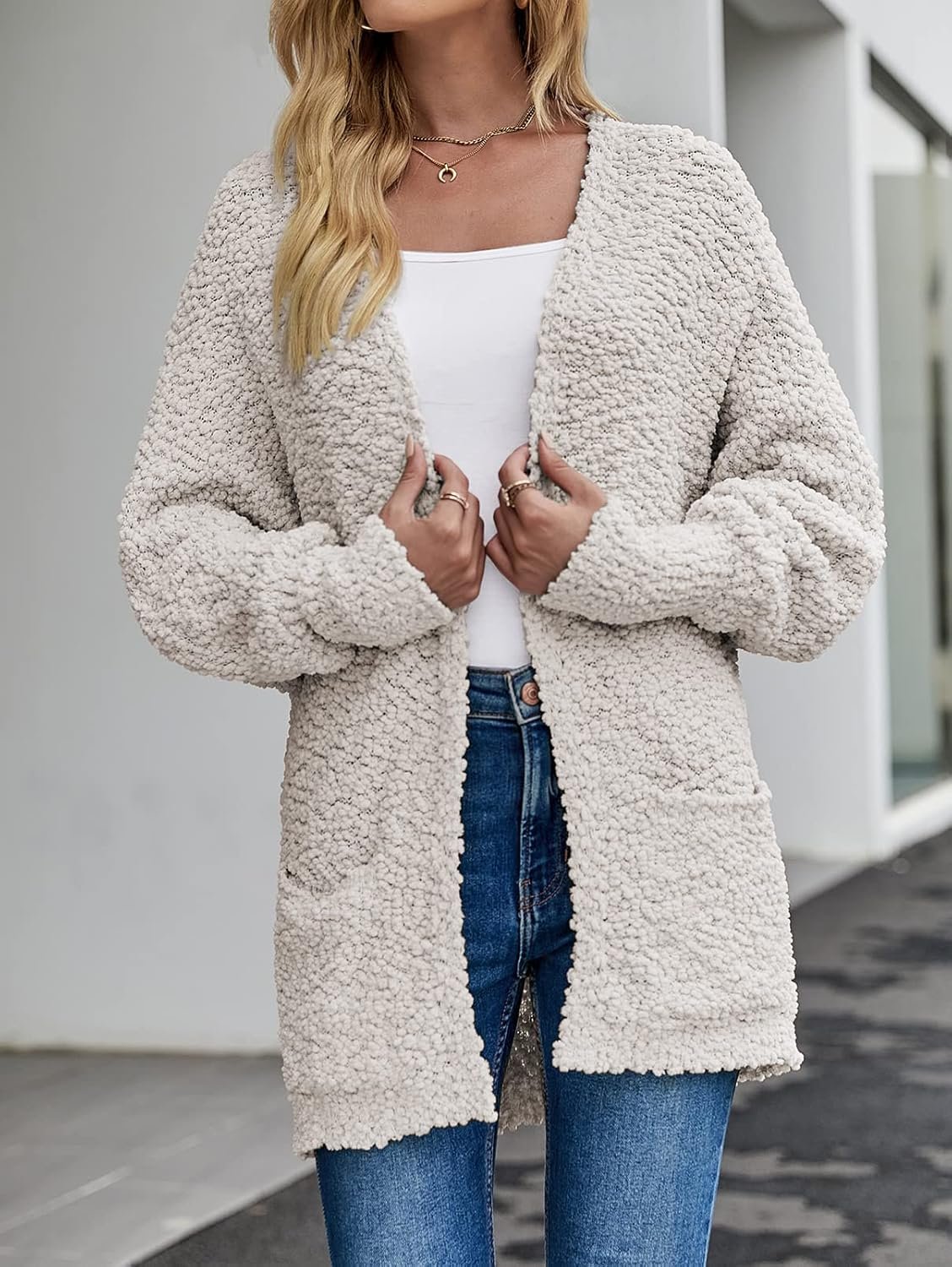 MEROKEETY Women's 2024 Winter Fuzzy Popcorn Batwing Sleeve Cardigan Knit Oversized Sherpa Sweater Coat - Image 5