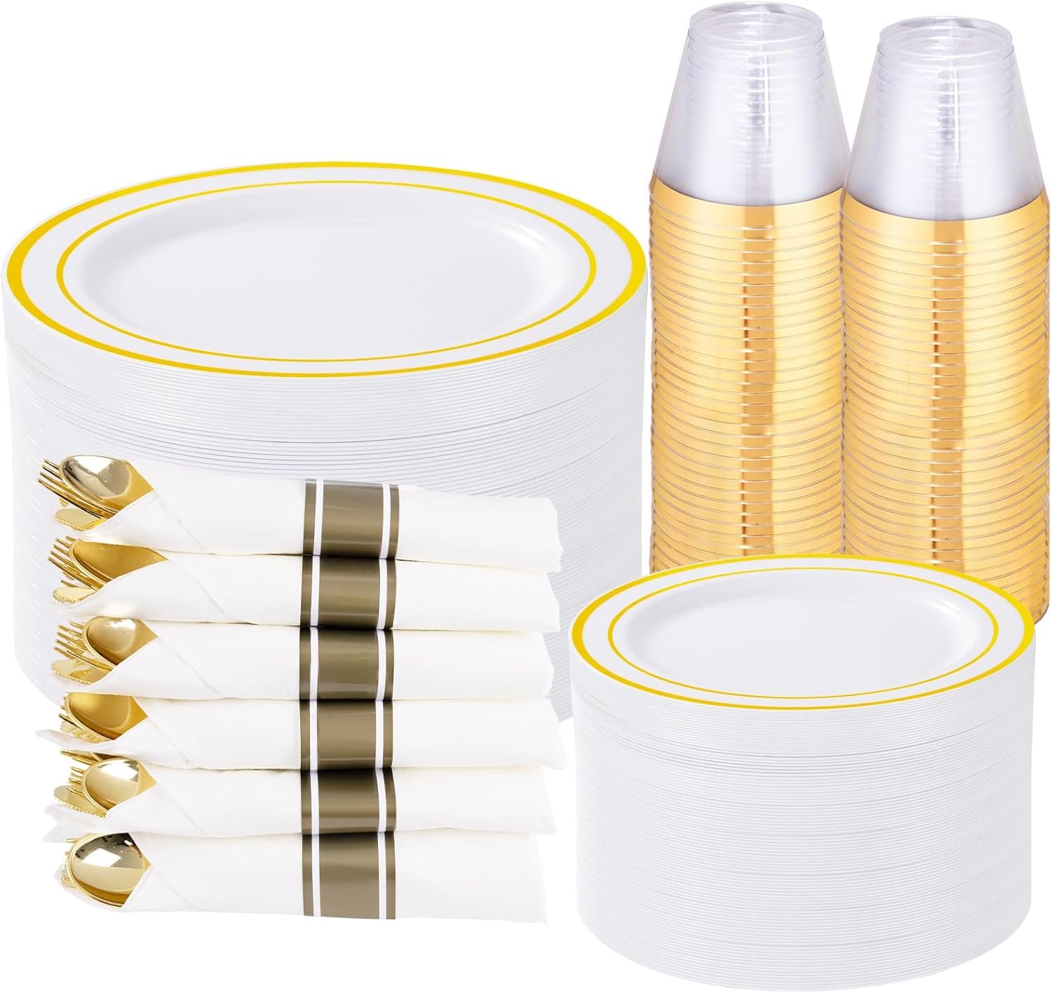 WELLIFE 350Pcs Gold Plastic Plates Set for 50 Guests - Disposable Plates for Party and Wedding,Party Supplies including Party Plates and Cups and Napkins Sets,White and Gold Plastic Plates - Image 2