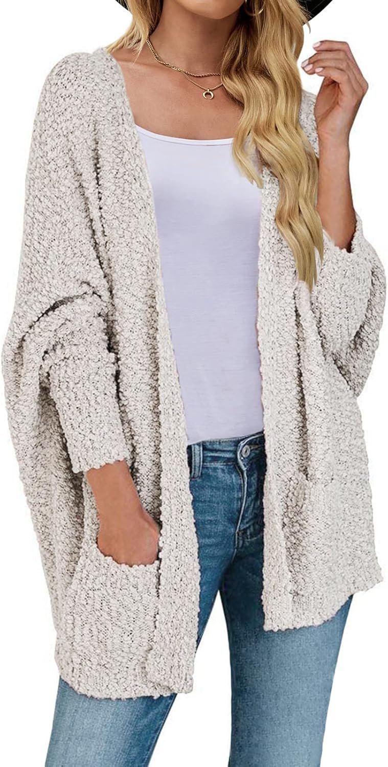 MEROKEETY Women's 2024 Winter Fuzzy Popcorn Batwing Sleeve Cardigan Knit Oversized Sherpa Sweater Coat - Image 2