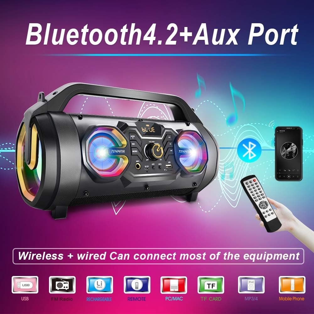 Bluetooth Speaker, 30W Portable Bluetooth Boombox with Subwoofer, FM Radio, RGB Colorful Lights, EQ, Stereo Sound, Booming Bass, 10H Playtime Wireless Party Speaker for Home, Outdoor, Travel, Camping - Image 3