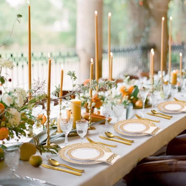 700PCS Gold Plastic Dinnerware Set for 100 Guests, Disposable Plates for Party, Includes: 100 Dinner Plates, 100 Dessert Plates, 100 Gold Silverware Set, 100 Cups, 100 Napkins - Image 6