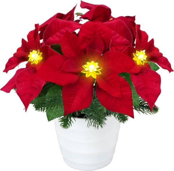 Christmas Artificial Flowers LED Lighted Poinsettias Pine Neddle Potted Christmas Decorations Indoor Home Xmas Table Centerpieces Winter Holiday 12Inch - Image 2
