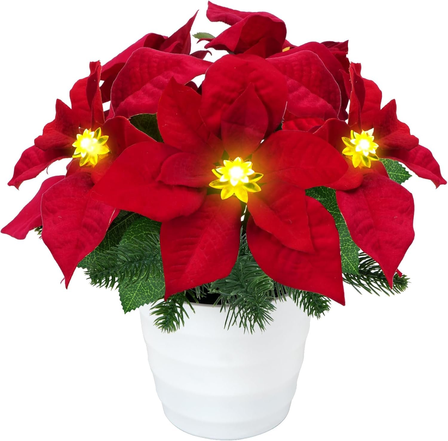Christmas Artificial Flowers LED Lighted Poinsettias Pine Neddle Potted Christmas Decorations Indoor Home Xmas Table Centerpieces Winter Holiday 12Inch - Image 2