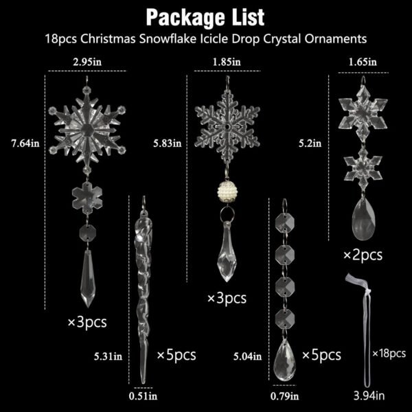18pcs Christmas Tree Decoration Crystal Ornaments - Hanging Acrylic Christmas Snowflake Icicle Drop Crystal Ornaments for Christmas Tree Winter New Year Party Supplies - Image 4