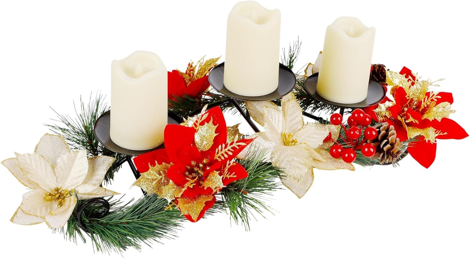 Joliyoou Christmas Tabletop Centerpieces, Metal Candle Holder with 3 Flameless Candles Lights, Poinsettia Adorned Candelabrum for Xmas Holiday Table Mantle Decoration, 17.5 x 9.8 x 4.7 Inch - Image 10