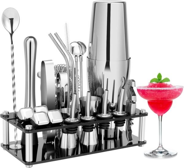 Cocktail Shaker Set, 23-Piece Boston Stainless Steel Bartender Kit with Acrylic Stand & Cocktail Recipes Booklet, Professional Bar Tools for Drink Mixing, Home, Bar, Party (Include 4 Whiskey Stones) - Image 2