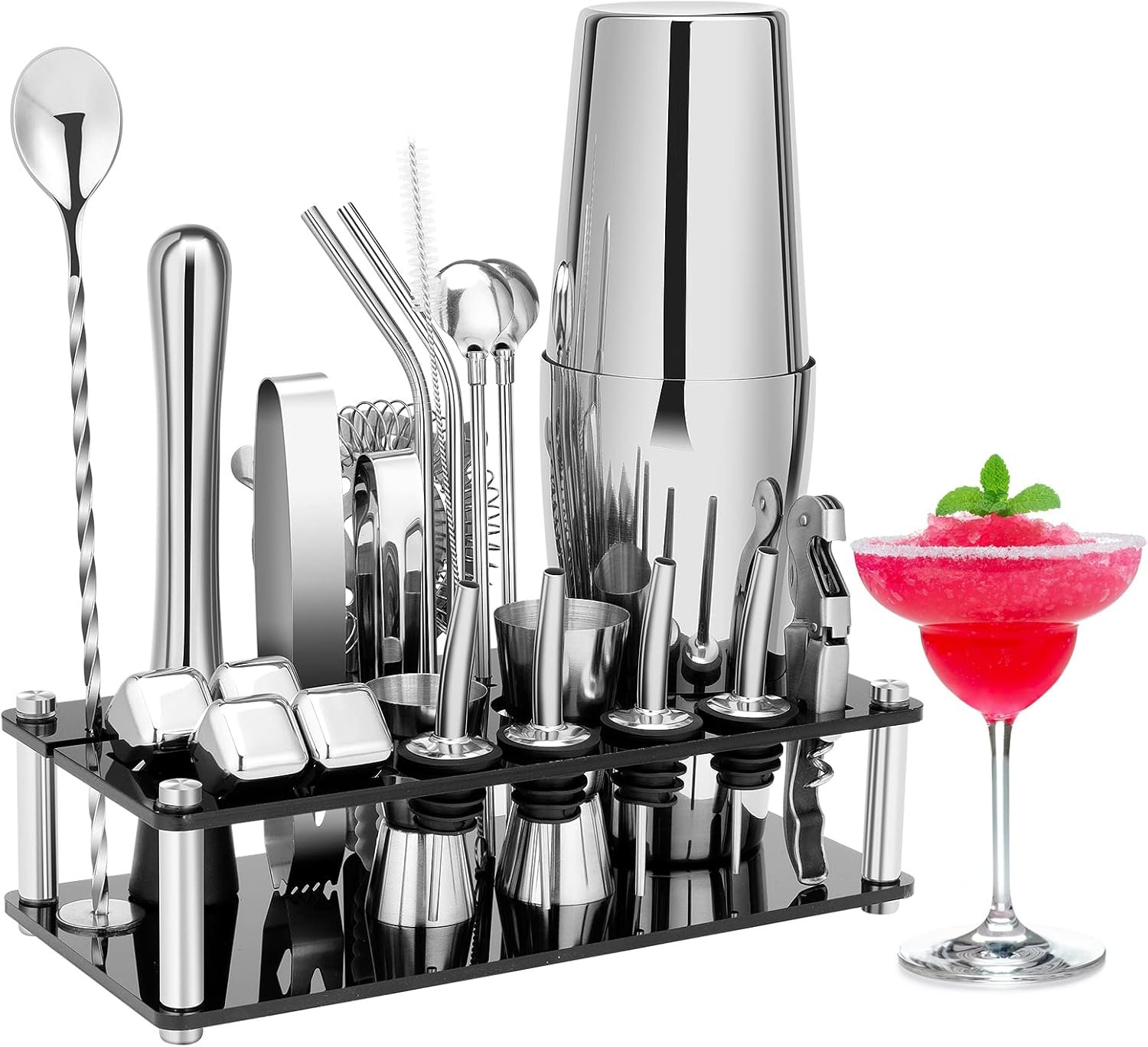Cocktail Shaker Set, 23-Piece Boston Stainless Steel Bartender Kit with Acrylic Stand & Cocktail Recipes Booklet, Professional Bar Tools for Drink Mixing, Home, Bar, Party (Include 4 Whiskey Stones) - Image 2