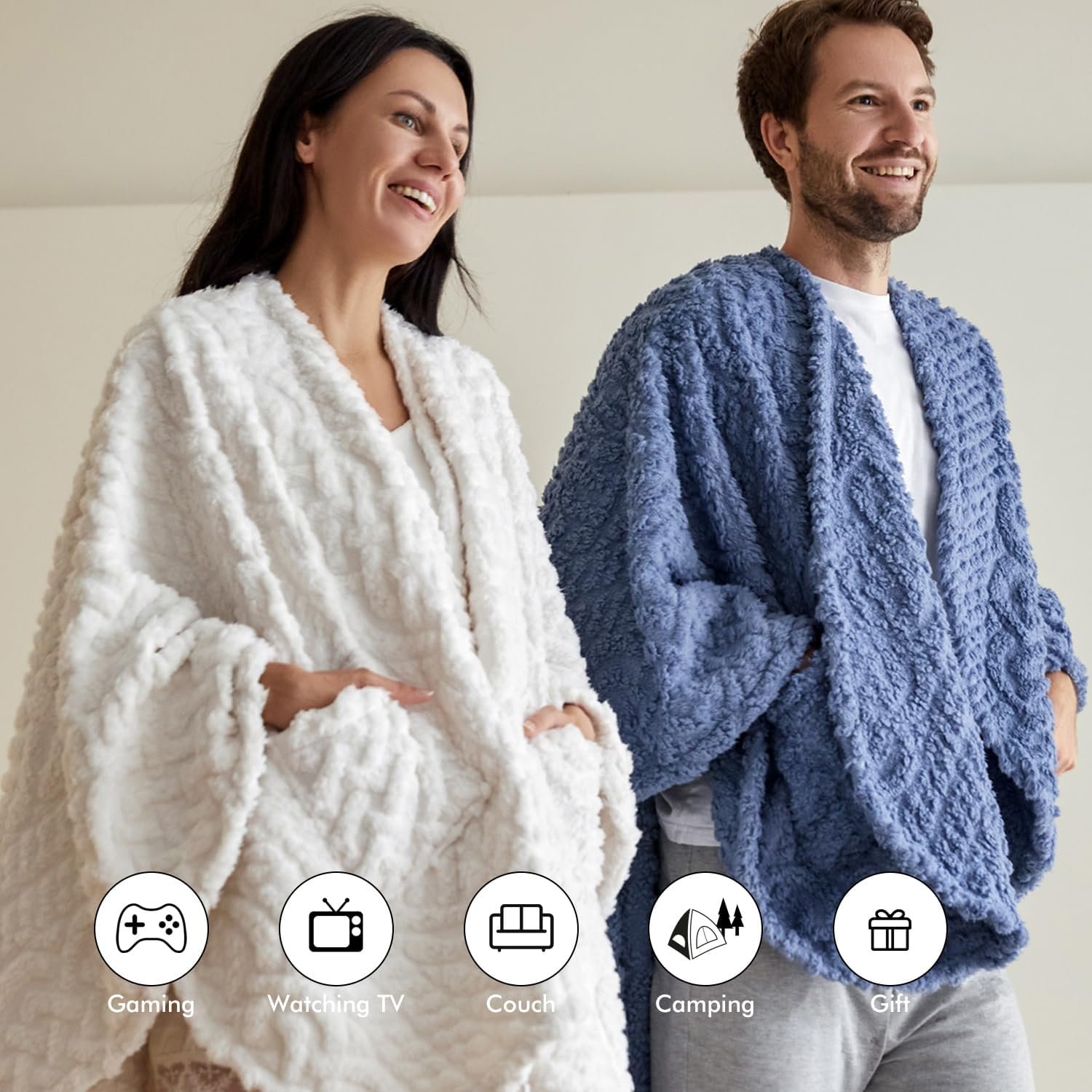 Royoliving Fuzzy Sherpa Wearable Fleece Blanket with Pockets for Adults, Ultra Soft Plush Shawl TV Throw Blankets (Denim, 58'' x 64'') - Image 5