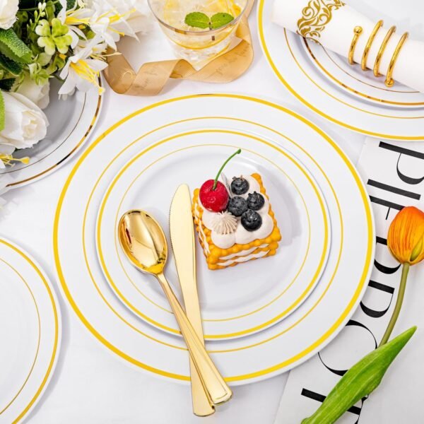 350 Pcs Gold Dinnerware Set, Plastic Plates Disposable for 50 Guests Include:50 Gold Rim Dinner Plates, 50 Gold Dessert Plates, 50 Paper Napkins, 50 Cups, 50 Gold Silverware Set Perfect for Party - Image 8