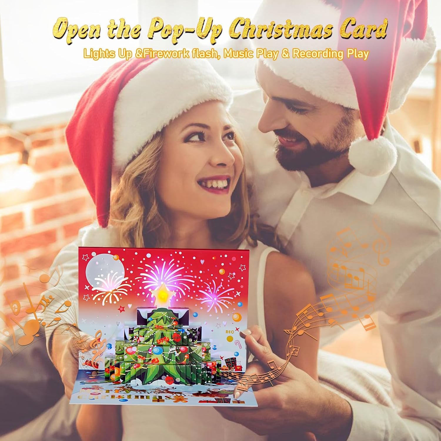 Voice Recordable Music Christmas Greeting Card, 30s Recording, 3D Pop-Up Christmas Card Lighting Fireplace & Firework Sounds or Women Men Kids and Christmas Holiday (Christmas Tree) - Image 6