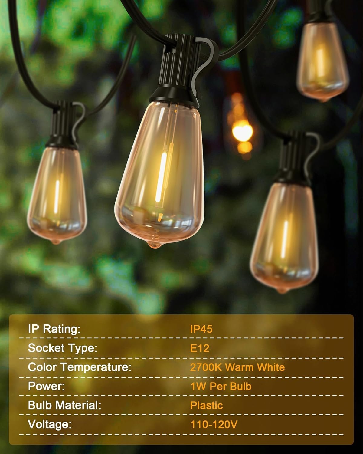 Outdoor String Lights Waterproof, 25 Feet Patio Lights with 13 ST38 Edison Bulbs(1 Sqare), Outside Hanging Decorative Lights for Porch, Blacony, Backyard, Bistro, Garden, 2700K - Image 5