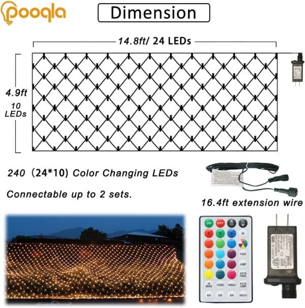 RGB Net Lights, Christmas Color Changing Outdoor LED Mesh Lights, 14.8x4.9 ft 240 LED Christmas Net Light Decorations, Connectable Plug in Waterproof Tree Light Bushes Wedding Garden Halloween Decor - Image 5
