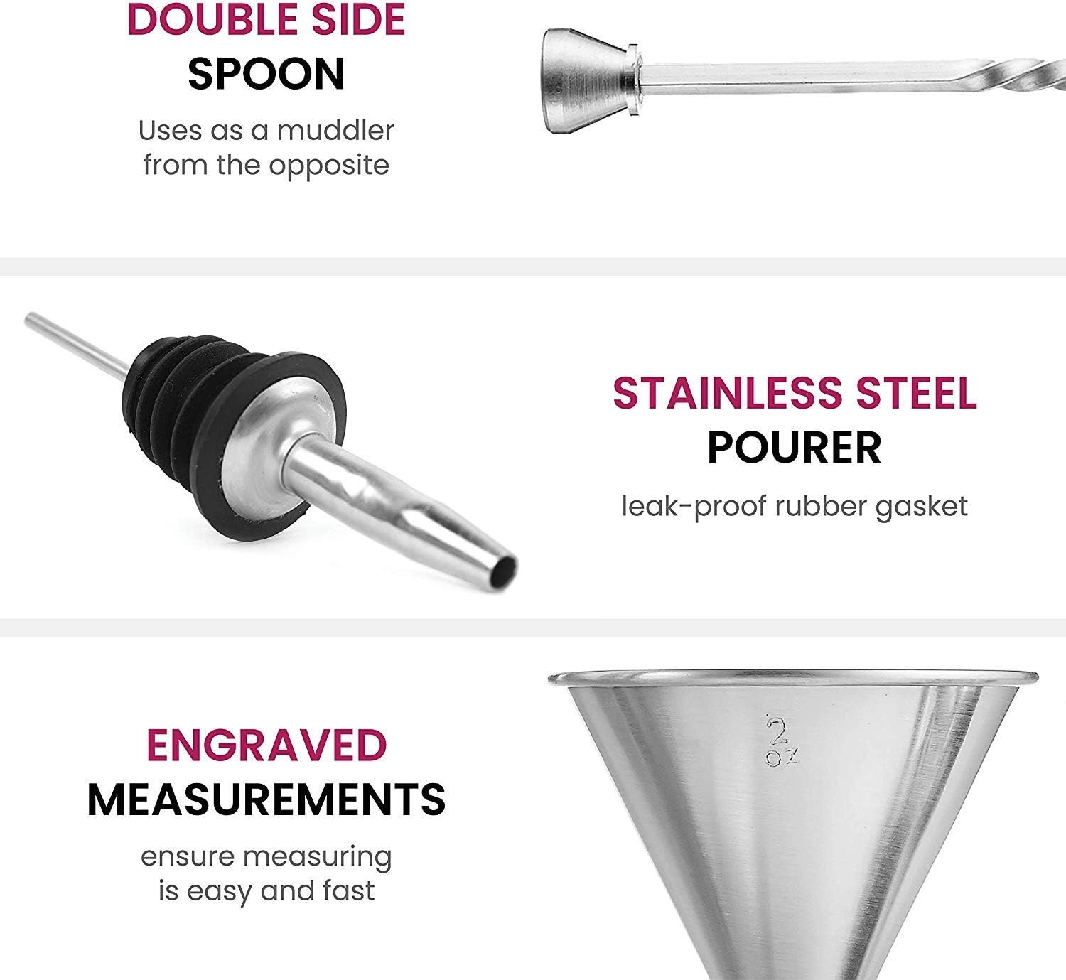 Expert Cocktail Shaker Home Bar Set - 14 Piece Stainless Steel Bar Tools Kit with Shaking Tins, Flat Bottle Opener, Double Bar Jigger, Hawthorne Strainer, Shot Glasses, Bar Spoon, and 6 Pour Spouts. - Image 8