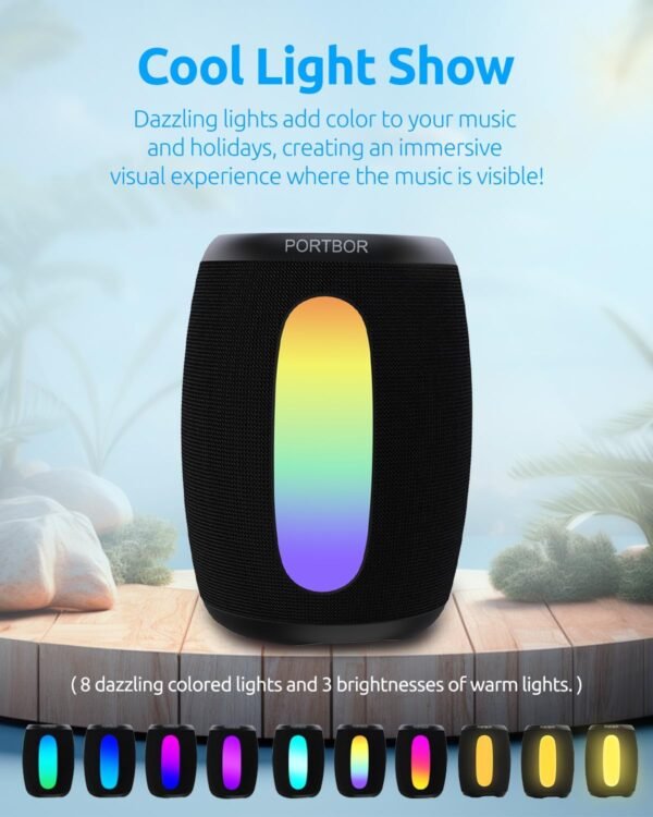 Bluetooth Speaker Portable Wireless,Powerful Sound with Lights/FM Radio, IPX5 Waterproof,TWS Pairing,for Outdoor Camping Beach Home,Him Her Ideal Gift - Image 9