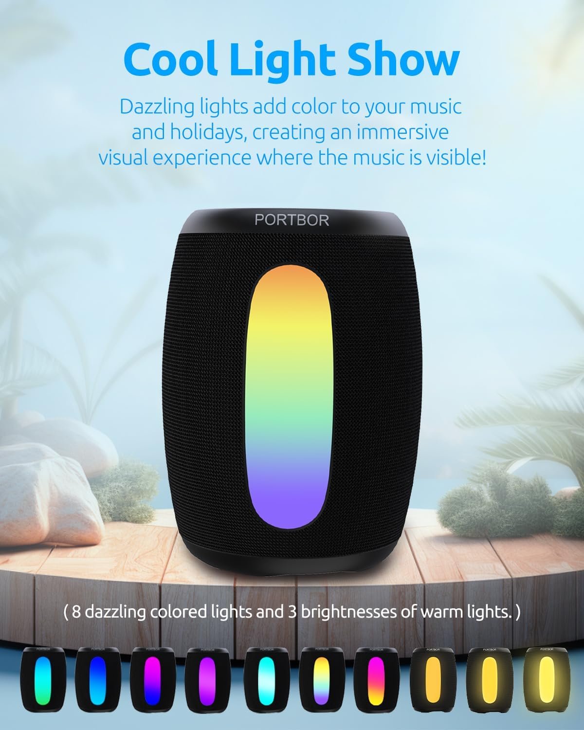 Bluetooth Speaker Portable Wireless,Powerful Sound with Lights/FM Radio, IPX5 Waterproof,TWS Pairing,for Outdoor Camping Beach Home,Him Her Ideal Gift - Image 9