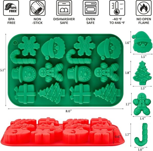 Christmas Chocolate Molds, 2PCS Silicone Candy Molds Santa Clause Christmas Tree Snowman Gingerbread Man Baking Molds for Jellies, Candies, Ice Cubes, Wax Melts, Soaps, Candles - Image 3