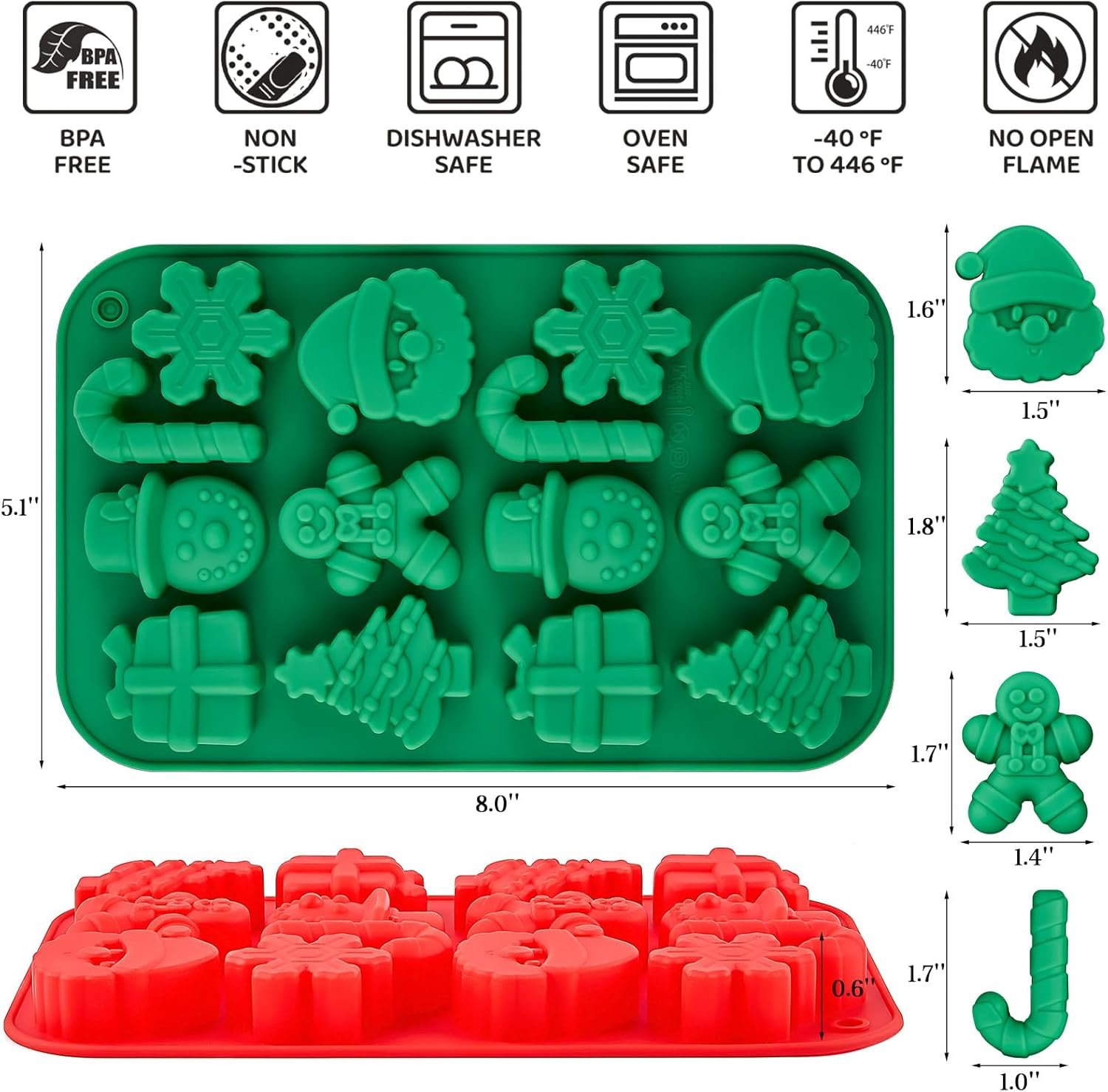 Christmas Chocolate Molds, 2PCS Silicone Candy Molds Santa Clause Christmas Tree Snowman Gingerbread Man Baking Molds for Jellies, Candies, Ice Cubes, Wax Melts, Soaps, Candles - Image 3