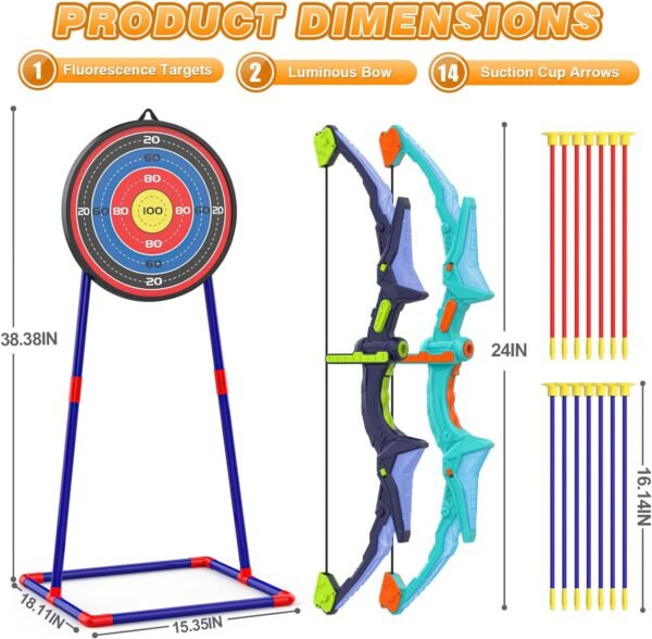 2 Pack Bow and Arrow Set for Kids, Light Up Archery Set with 14 Suction Cup Arrows, Archery Targets Outdoor Games for Kids Ages 4-8 8-12, Birthday Gifts Toys for 5 6 7 8 9 10 11 12 Year Old Boys Girls - Image 7