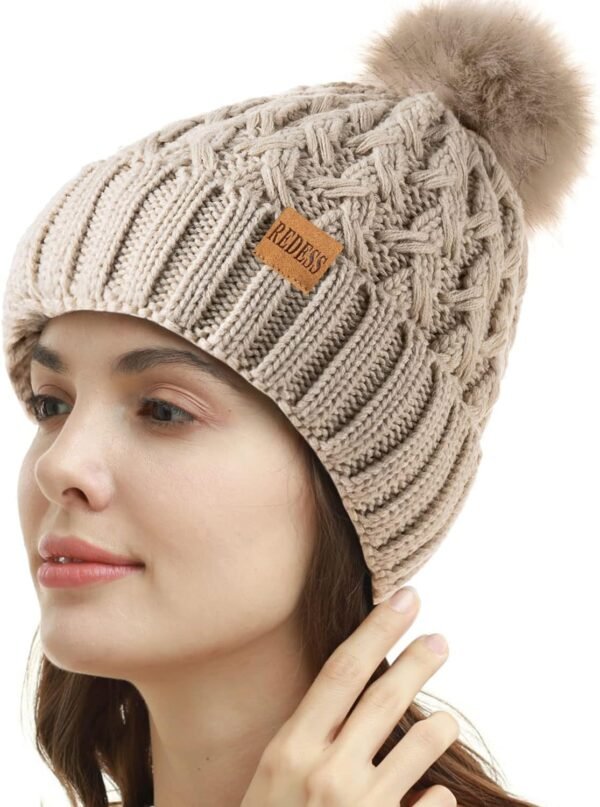 REDESS Women Winter Pompom Beanie Hat Fleece Lined Warm Hats, Thick Slouchy Snow Knit Crossed Cap for Ladies… - Image 2