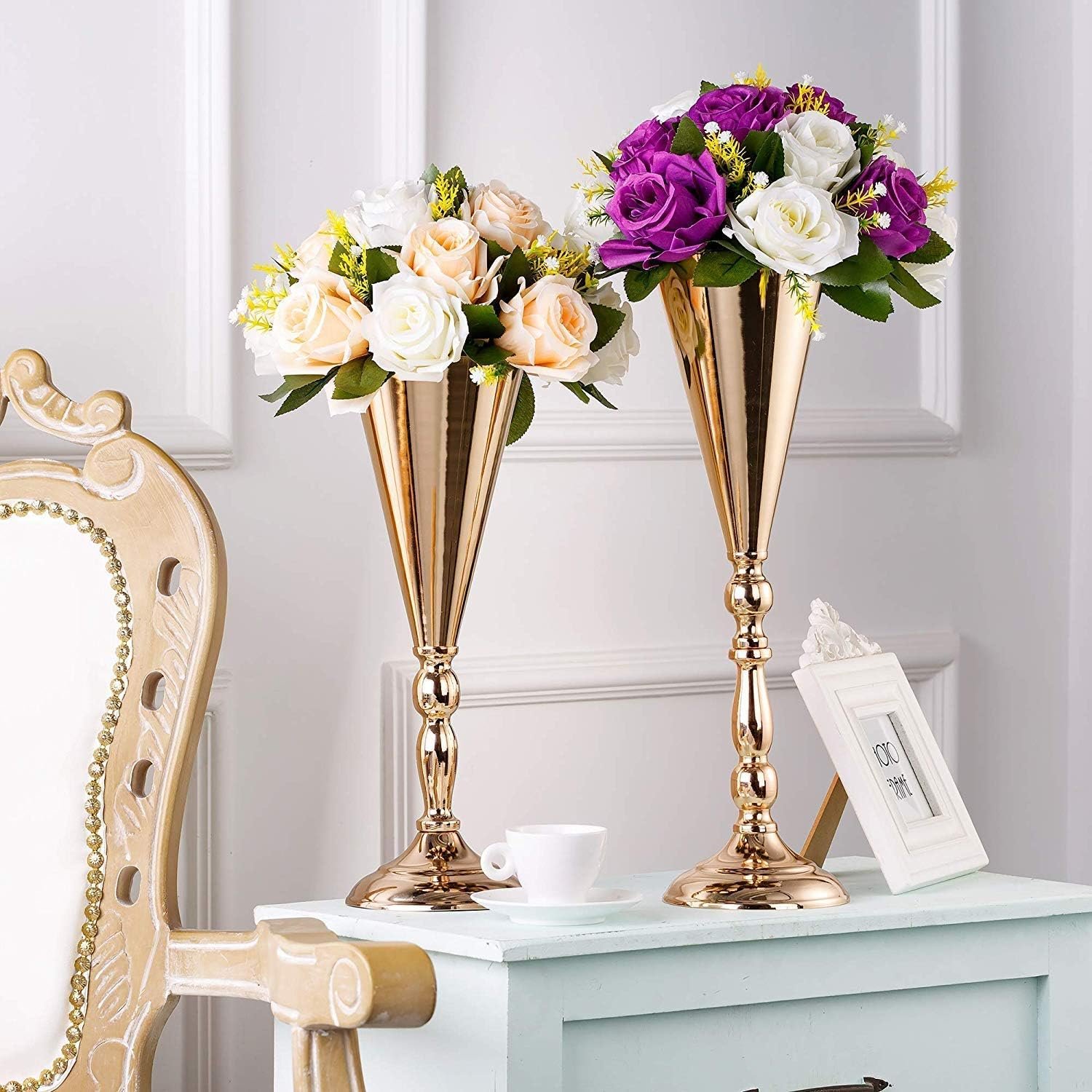 Sziqiqi Trumpet Floral Centerpiece Riser Stand for Wedding Reception Centerpieces Party Event Anniversary Birthday Decoration Flower Arrangement Pack of 2, Rose Gold 16.5in - Image 3