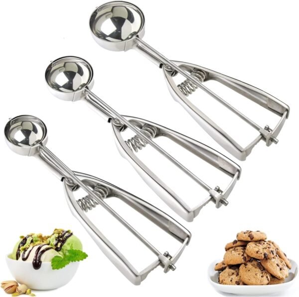 Ice Cream Scoop, 3Pcs Cookie Scoop Set, 18/8 Stainless Steel Cookie Dough Scoop, Cookie Scoops for Baking Set of 3, Ice Cream Scooper with Trigger Release, Cookie Scooper for Baking, Cupcake Scoop - Image 2